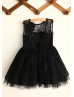 Black Lace Tulle V Back Knee Length Flower Girl Dress With Flower